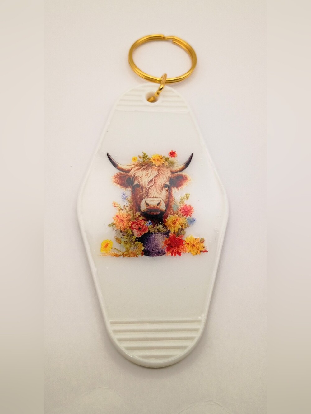 Cow Floral Keychain - White with Multicolor Floral Print